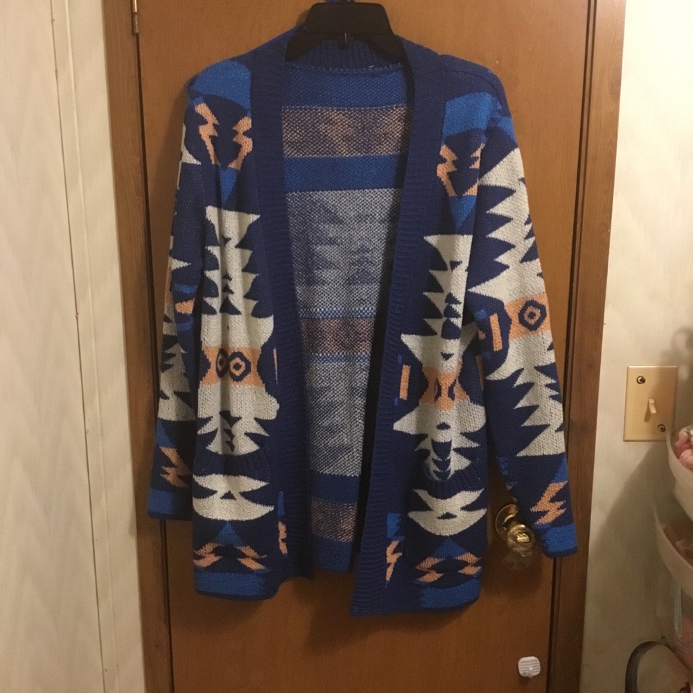 Blue Southwestern Aztec Print Open Front Cardigan Sweater M